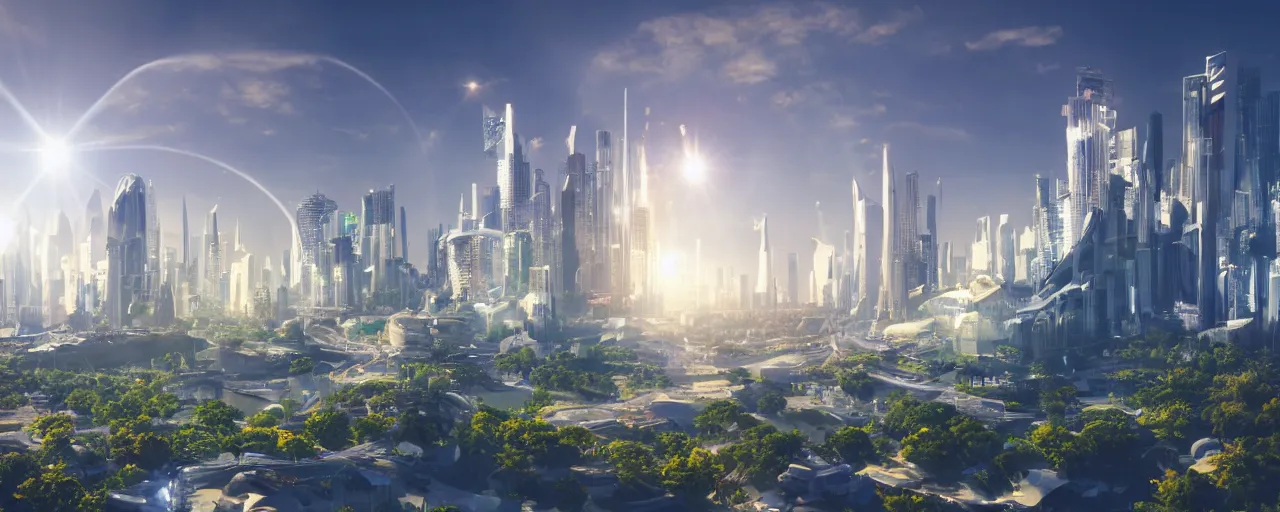 Prompt: a beautiful utopian city, futuristic, wide angle, utopia white, beautiful light, bloom, optical lens flare