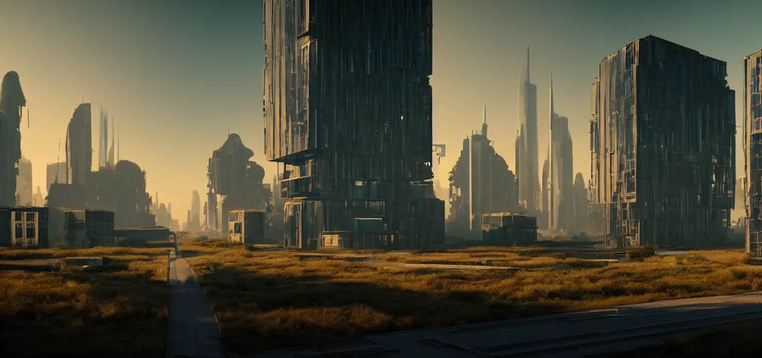 Prompt: futuristic shinny golden iridiscent mirror buildings in an abandoned street landscape of a ruined solarpunk with overgrown vegetation city by mies van der rohe, movie poster, golden ratio, evening lighting, film still, realistic, spaceships landing, octane render redshift arnold materials unreal engine, 8 k post production, hyper detailed