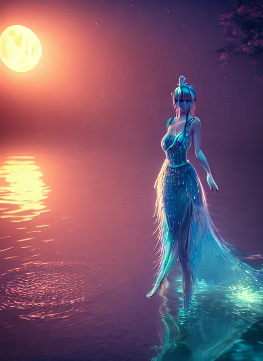 Image similar to beautiful water nymph, wearing magical dress, playing in a bioluminescent lagoon, magical moon shines overhead, floating lanterns emit warm glow, cinematic shot in the style of final fantasy, cinematic lighting, hyperdetailed, 8 k realistic, symmetrical, global illumination, mysterious light,, dof, trending on artstation, digital art, chanel