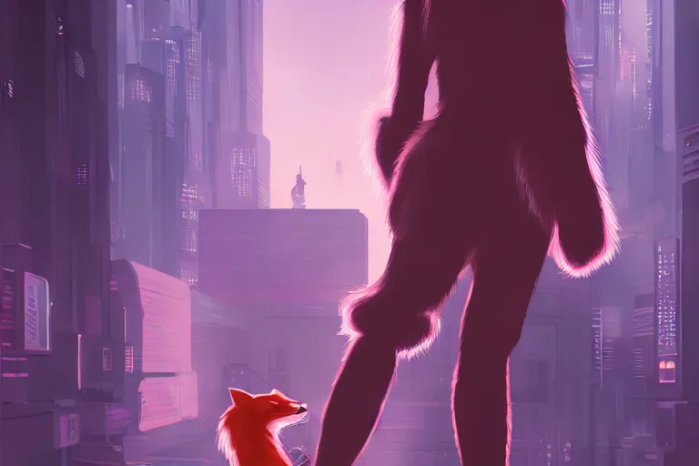 Image similar to a fox fursona with a fluffy tail in a cyberpunk city, trending on artstation, by kawacy, neon backlighting, furry art