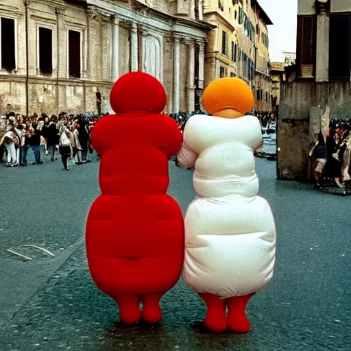 Prompt: two women dressed as squishy inflatable toys from behind, on the streets of rome, film still, fellini 1977 technicolor