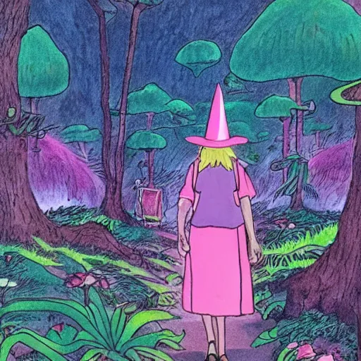 Prompt: a pink mage wearing a small satchel and a pink witch's hat walking through a lush psychedelic forest by studio ghibli