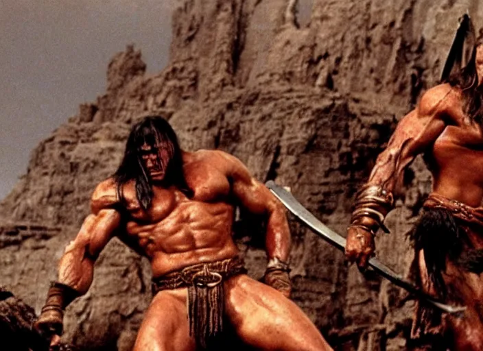 Prompt: still of muscular gigachad in conan the barbarian directed by frank frazetta, high resolution