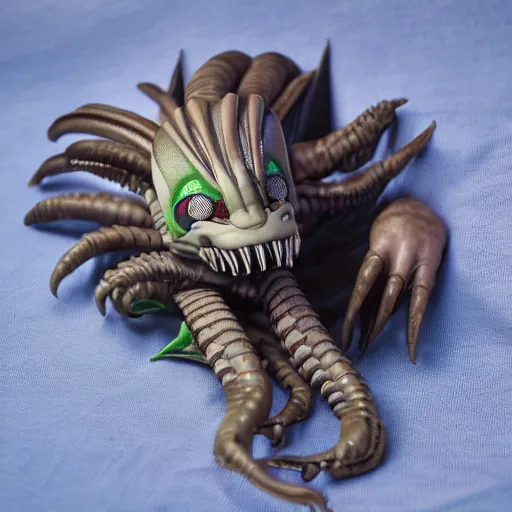 Prompt: Photorealistic photograph of a Xenomorph Plushie, photorealism, photorealistic, realism, real, highly detailed, ultra detailed, detailed, depth of field, shutter speed 1/1000