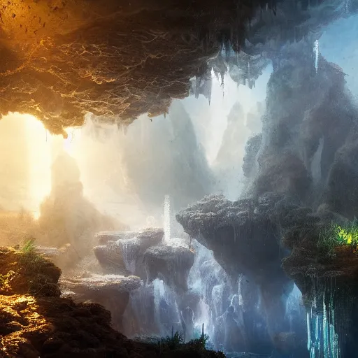 Prompt: listen to the sound of the underground water, volumetric lighting, matte painting, highly detailed oil painting, 8k, beautiful atmosphere, elegant cinematic, overwhelming depth and detail, vibrant colors, intricate masterpiece