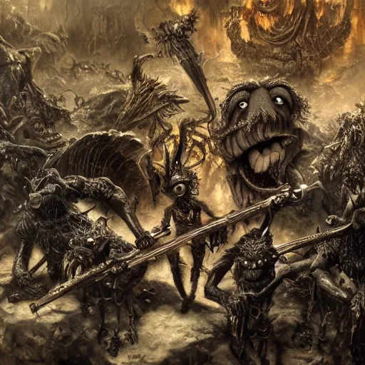 Image similar to muppets being tortured in hell with trumpeters and demons, intricate detail, royo, vallejo, frazetta, giger, whealan, hd, unreal engine,