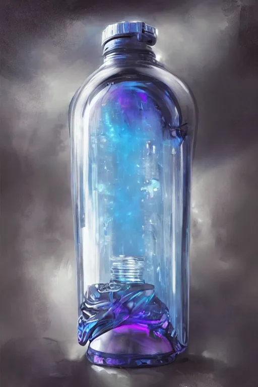 Image similar to concept art of a rolex - star wars blue magenta iridescent liquid dietary supplement in a transparent bottle with big black sticker on it by aenaluck, artgerm and roberto ferri and greg rutkowski, blue and white tones, digital painting, artstation, concept art, smooth, sharp foccus ilustration hq