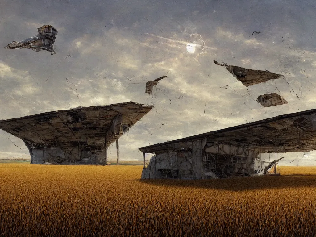 Image similar to A fantastic painting of a dilapidated post-modern building on a wheat field with an abandoned spaceship parked on the roof of the building, by Mat Collishaw, Trending on artstation, very detailed