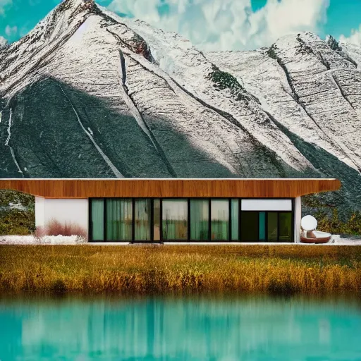 Image similar to wes anderson style modern futuristic house near the lake, snowy mountains and green forest, cinematic, realism, photo, detailed