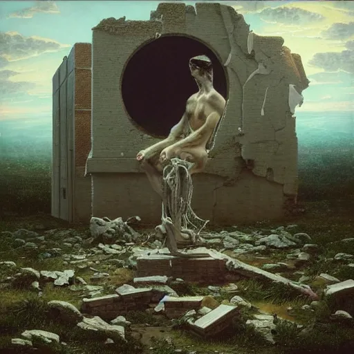 Image similar to hyperrealistic surrealism, David Friedrich, award winning masterpiece with incredible details, Zhang Kechun, a surreal vaporwave vaporwave vaporwave vaporwave vaporwave painting by Thomas Cole of a gigantic broken mannequin head sculpture in ruins, astronaut lost in liminal space, highly detailed, trending on ArtStation