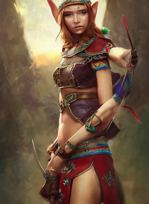 Prompt: hyper realistic painting, elf archer girl, elf armor, full body, rule of thirds, human proportion, good anatomy, beautiful face, conceptart, saturated colors, cinematic, artstation, pinterest, cgsociety