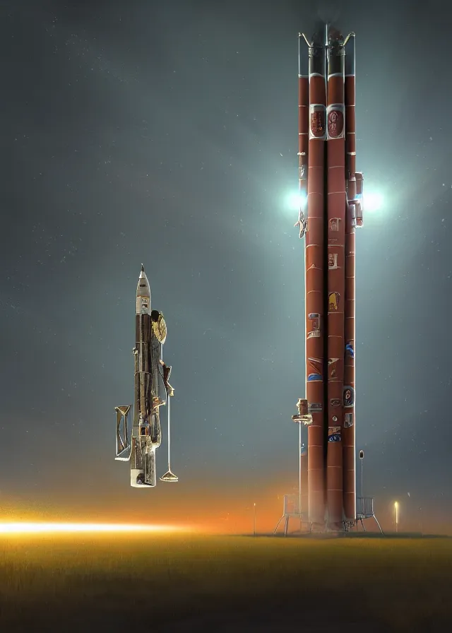 Prompt: epic professional digital art of complex heavy vertical rocket on launch pad, at takeoff, ambient light, painted,, cinematic, detailed, grand, leesha hannigan, wayne haag, reyna rochin, ignacio fernandez rios, mark ryden, van herpen, artstation, cgsociety, epic, stunning, gorgeous, wow wow detail