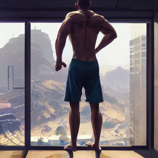 Image similar to highly detailed portrait of a gym bro in gta v, stephen bliss, unreal engine, fantasy art by greg rutkowski, loish, rhads, ferdinand knab, makoto shinkai and lois van baarle, ilya kuvshinov, rossdraws, tom bagshaw, global illumination, radiant light, detailed and intricate environment