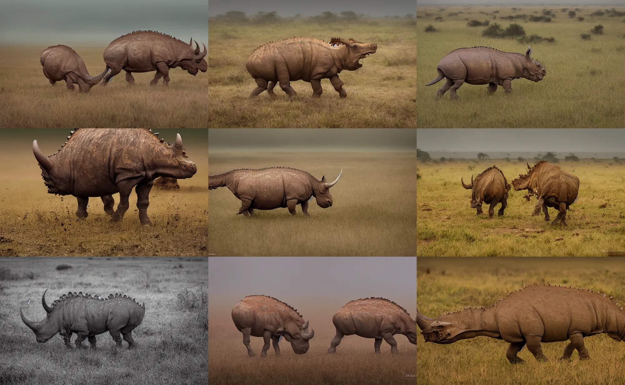 Prompt: nature photography of a distant 3 - horned triceratops, african savannah, rainfall and mud, digital photograph, award winning, 5 0 mm, telephoto lens, national geographic