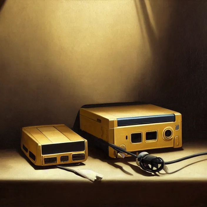 Image similar to still life painting of a nintendo 6 4 by pieter claesz, oil on canvas, strong lighting, highly detailed, hyper realism, golden hour, god rays, hd, 4 k