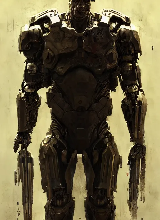 Prompt: mark sinclair as victor stone, full body concept, cyborg, borg, strogg, face of a man, terminator, flesh, quake strogg, doom demon, wolfenstein, monstrous, powerful, symmetry, symmetrical, concept art by ruan jia and greg rutkowski