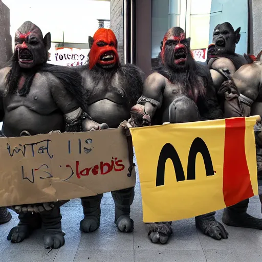 Image similar to orcs standing outside of a McDonald’s, protesting, the working conditions