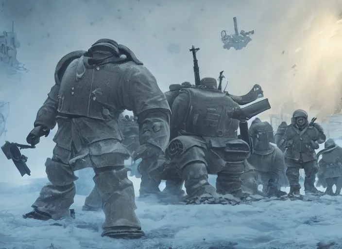 Image similar to still of soviet soldiers fighting against giant nazi monstrous robot in world war two eastern front setting, dieselpunk, winter concept art, artstation, stephen bliss, unreal engine, game screenshot