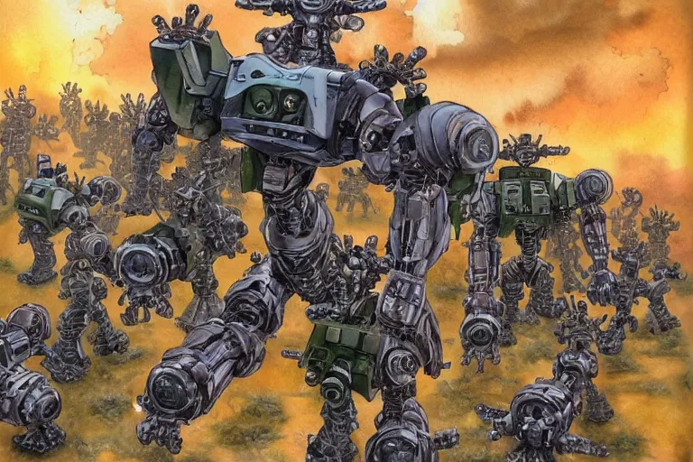 Image similar to inorganic battle robot army, art by frank hampson and shawn mcmanus, trending on artstation, photorealistic, watercolor painting, manga