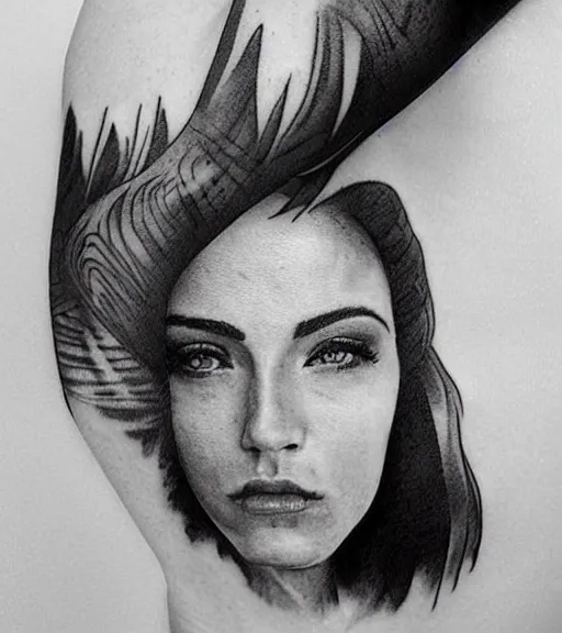 Image similar to tattoo design sketch of a beautiful woman face with a mountain scenery on her side, hyper - realistic, double exposure, in the style of matteo pasqualin, amazing detail, black and white, faded