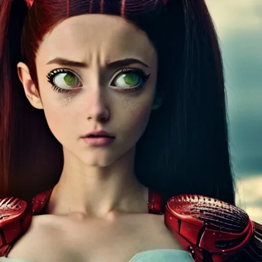 Image similar to cinematic still of red - haired ariana grande in alita : battle angel ( 2 0 1 9 ), xf iq 4, f / 1. 4, iso 2 0 0, 1 / 1 6 0 s, 8 k, raw, dramatic lighting, symmetrical balance, in - frame