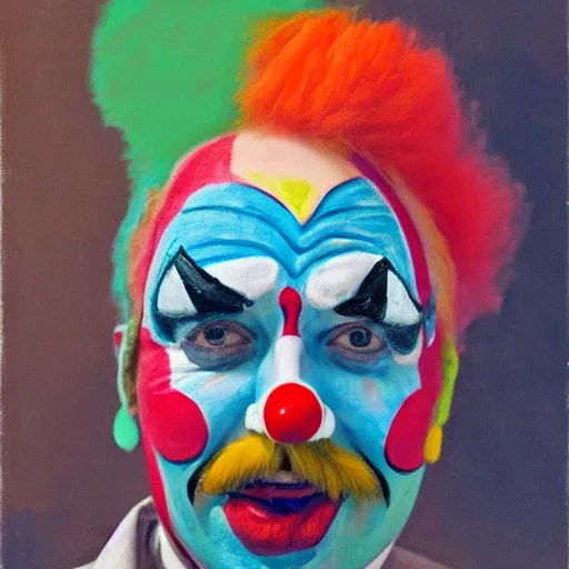 Image similar to a fine art portrait of boris john wearing a clown suit with face paint. in the style of edward hopper, richard hamilton and stanley kubrick.