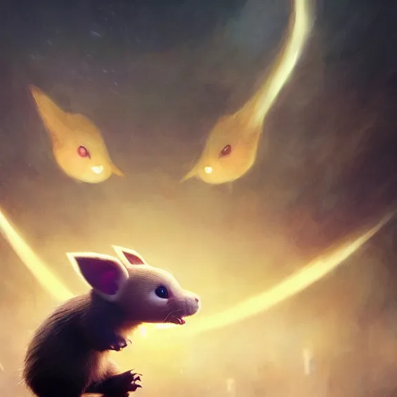 Prompt: a movie still from final fantasy live action, a ferret from detective pikachu, evocative, mystical night, sharp focus, very very very very detailed, award winning, masterpiece digital painting by greg rutkowski, alex grey, marc adamus, beautiful dramatic lighting, artstation, 4 k wallpaper, style by peter deligdisch, peterdraws