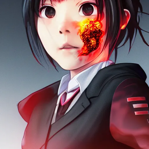 Prompt: Portrait of a Japanese schoolgirl with short hair in uniform causing flames in a moment of rage, ultra detailed, armor, artstation, 8k, photorealistic, digital anime art.