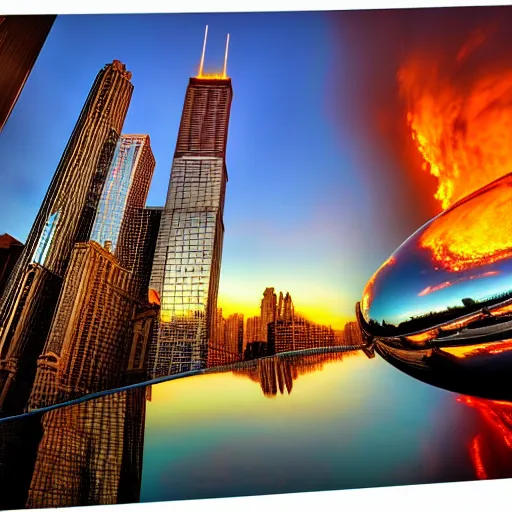 Image similar to the Chicago bean reflecting an endless fire and apocalypse, 8k realism