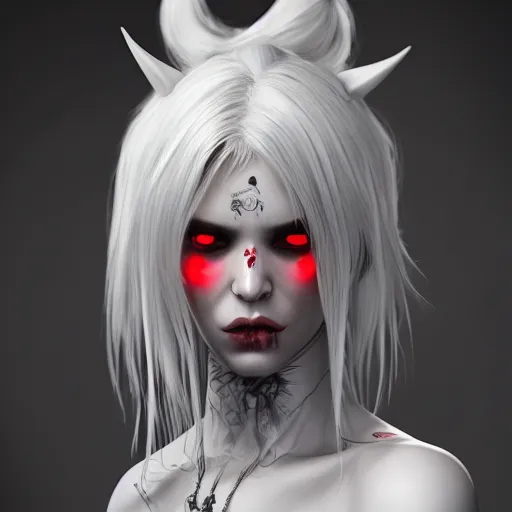 Image similar to a highly detailed portrait of a humanoid demon girl with white hair, red horns, in white clothes, artstation, deviantart, professional, unreal engine 5, photorealistic