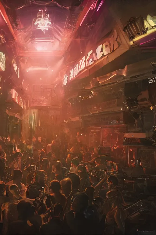 Image similar to Alien tourists from another planet visit a jazz nightclub in Harlem, an epic painting, volumetric lighting, intricate, elegant, highly detailed, digital painting, artstation, concept art, smooth, sharp focus, art by Maciej Kuciara