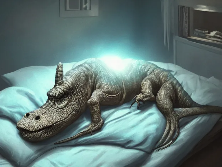 Image similar to sleeping!!!!! dinosaur laying on bed!!!!!, ultra realistic, lens flare, atmosphere, glow, detailed, intricate, full of colour, cinematic lighting, trending on artstation, 4 k, hyperrealistic, focused, extreme details, unreal engine 5, cinematic, masterpiece