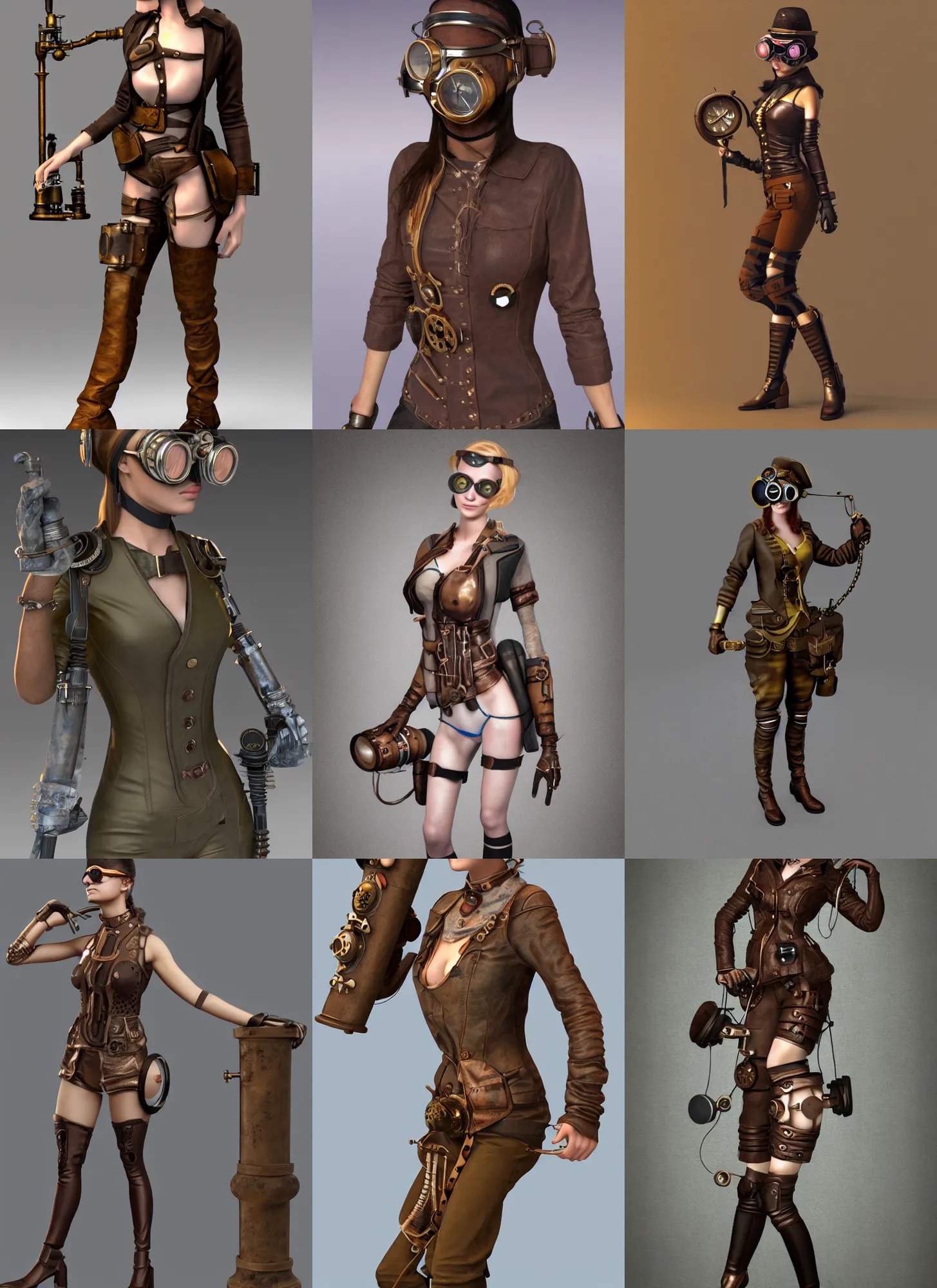 Prompt: full body 3 d render of a steampunk female with a beautiful face wearing goggles, soft lighting