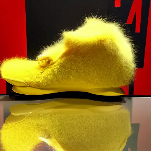 Prompt: nike shoe made of very fluffy yellow pikachu faux fur placed on reflective surface, professional advertising, overhead lighting, heavy detail, realistic by nate vanhook, mark miner