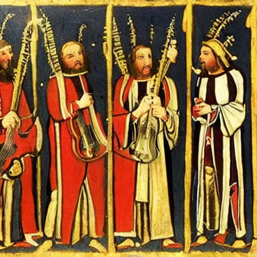 Prompt: Medieval painting of the Beatles performing in Venice
