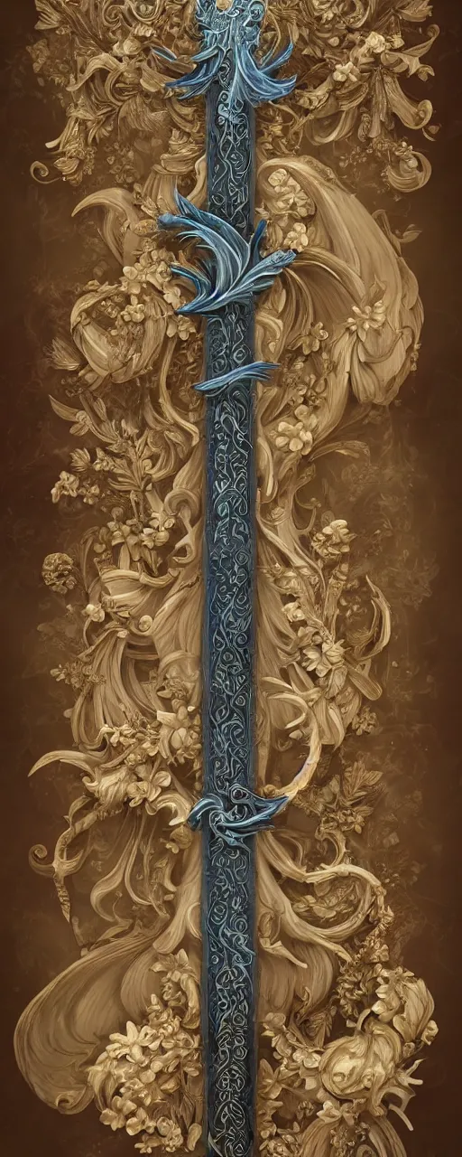 Image similar to beautiful fantasy giant sword carved with decorative ornament, acanthus scrolls, lilies, ivy, energy, geometry, bones, petals, stems, ceremonial clouds, dripping paint, fibonacci rhythm, artstation, artgerm, wlop, symmetric ornaments