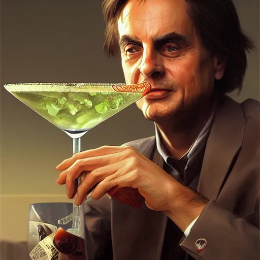 Image similar to portrait painting of carl sagan drinking a martini, ultra realistic, concept art, intricate details, serious, highly detailed, photorealistic, octane render, 8 k, unreal engine. art by artgerm and greg rutkowski and alphonse mucha