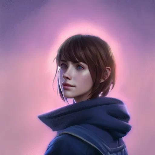 Prompt: portrait of Max Caulfield, Life is Strange, blue eyes, face, fantasy, intricate, elegant, pink mist, outside of Blackwell Academy, highly detailed, digital painting, trending on artstation, concept art, smooth, sharp focus, illustration, art by artgerm and greg rutkowski and alphonse mucha, unreal engine, 4k, 8k