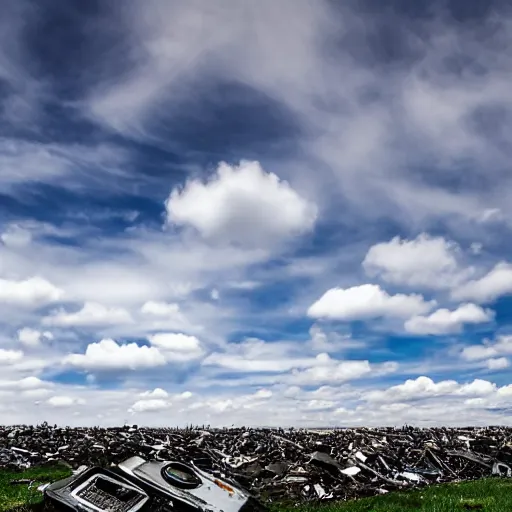 Prompt: windows xp bliss screensaver with many broken dilapidated old computers graveyard, wide angle lens