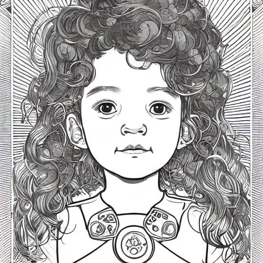 Image similar to clean simple line art of a cute little girl with a short brown wavy curly hair. she is dressed as an astronaut. no background. well composed, clean coloring book page, beautiful detailed face. coloring book line art by artgerm and greg rutkowski and johanna basford and alphonse mucha