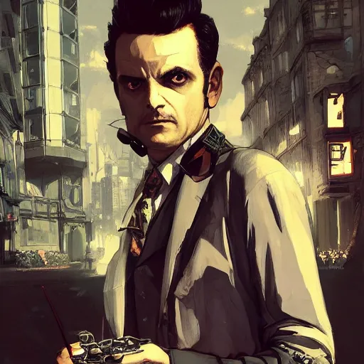 Prompt: [UHD Professor Moriarty as a GTA characters on the streets of futuristic steampunk London, correct face, intricate facial details, symmetrical face, elegant, graphic detail, digital painting, trending on artstation, concept art, tonalism, sharp focus, illustration, art by Akira Toriyama and Greg Rutkowski and Alphonse Mucha]