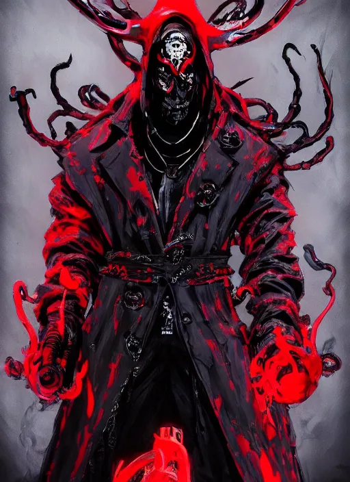 Prompt: half body portrait of an evil deity, a squid man in black mask and black rugged ornate long trench coat oozing with smoke, red aura. in style of yoji shinkawa and hyung - tae kim, trending on artstation, dark fantasy, great composition, concept art, highly detailed, dynamic pose, vibrant colours.