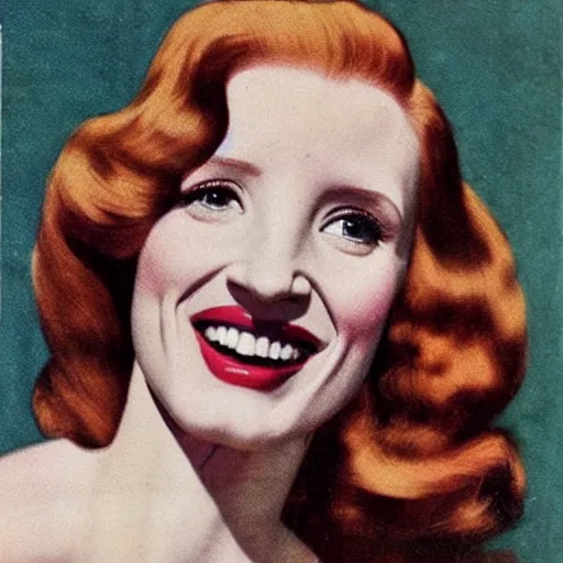 Image similar to “Jessica Chastain portrait, color vintage magazine illustration 1950”