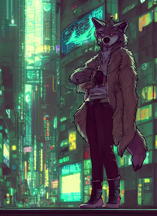 Image similar to character portrait of a male anthro wolf fursona with a tail and a cute beautiful attractive detailed furry face wearing stylish cyberpunk clothes in a cyberpunk city at night while it rains. hidari, color page, tankoban, 4K, tone mapping, Akihiko Yoshida.