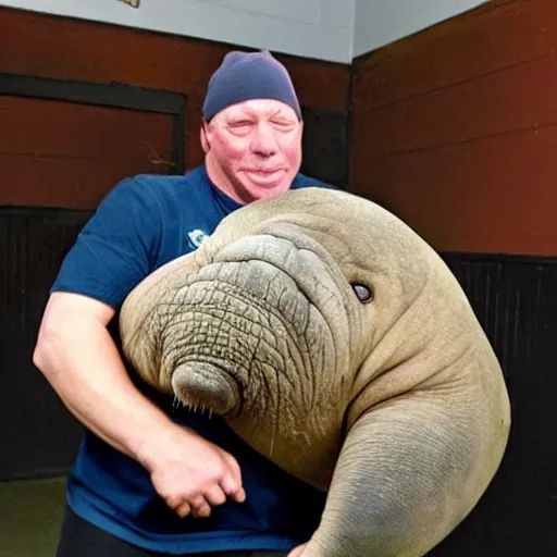 Image similar to phil hawkins, a small man, wrestles a huge walrus