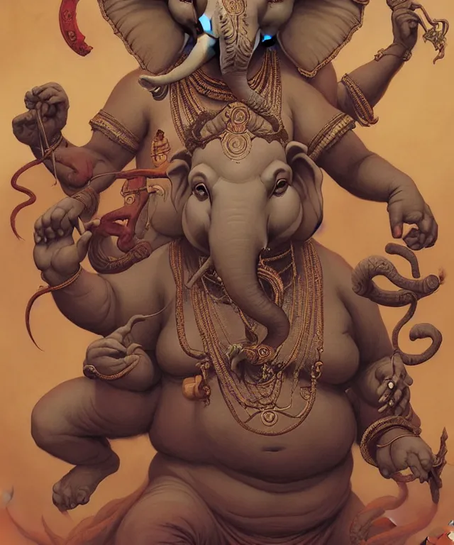 Prompt: ganesha in the style of peter mohrbacher, wayne barlowe, gustav moreau, bussiere, roberto ferri, santiago caruso, luis ricardo falero, austin osman spare,