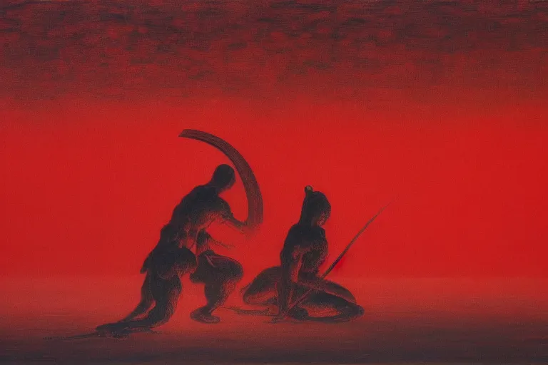 Prompt: only with red, a red samurai harakiri, tokio, a lot of frogs watch, in the style of beksinski, parts by edward hopper, parts by rodcenko, parts by yue minjun, intricate and epic composition, red by caravaggio, insanely quality, highly detailed, masterpiece, red light, artstation, 4 k