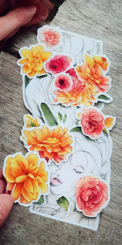 Image similar to beautiful flower, by tran nguyen, warm colors, cozy, etsy stickers, white border, sticker sheet, individual sticker