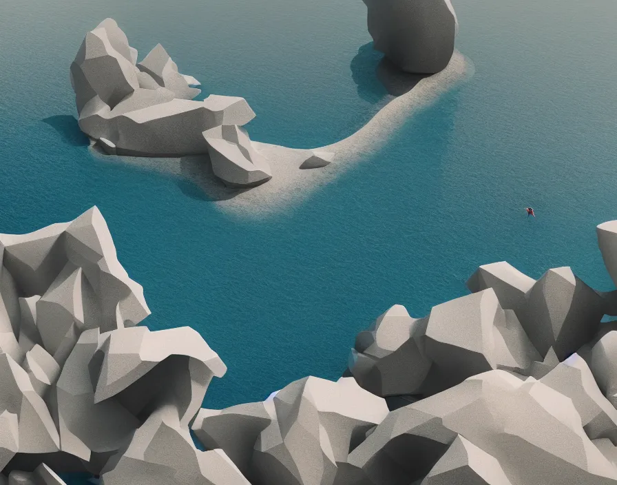 Prompt: extremely long shot, white minimalist architectur flying island, stone grotto in the center. zaha hadid, oscar niemeyer, architectural rendering. trending on artstation. vogue magazine, cinematic, hyperrealism, octane rendering, 8 k, depth of field, bokeh. vibrant. teal gold and red color scheme