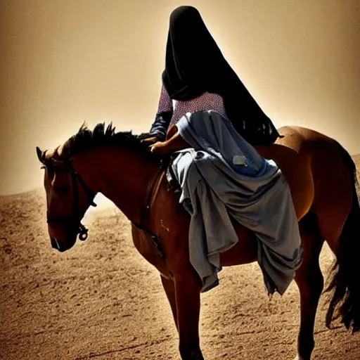 Prompt: burqa's woman, ride horse, taliban, riffle on chest, dust, cinematic, beautiful, dynamic pose, random content position, pinterest